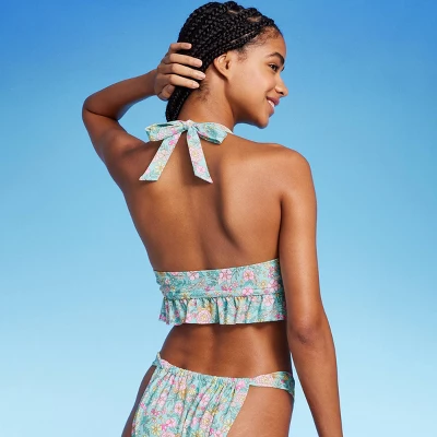Women's Ruffle Tie-Front Halter Bikini Top - Wild Fable™ Green Floral Print 3 Women's Ruffle Tie-Front Halter Bikini Top - Wild Fable™ Green Floral Print